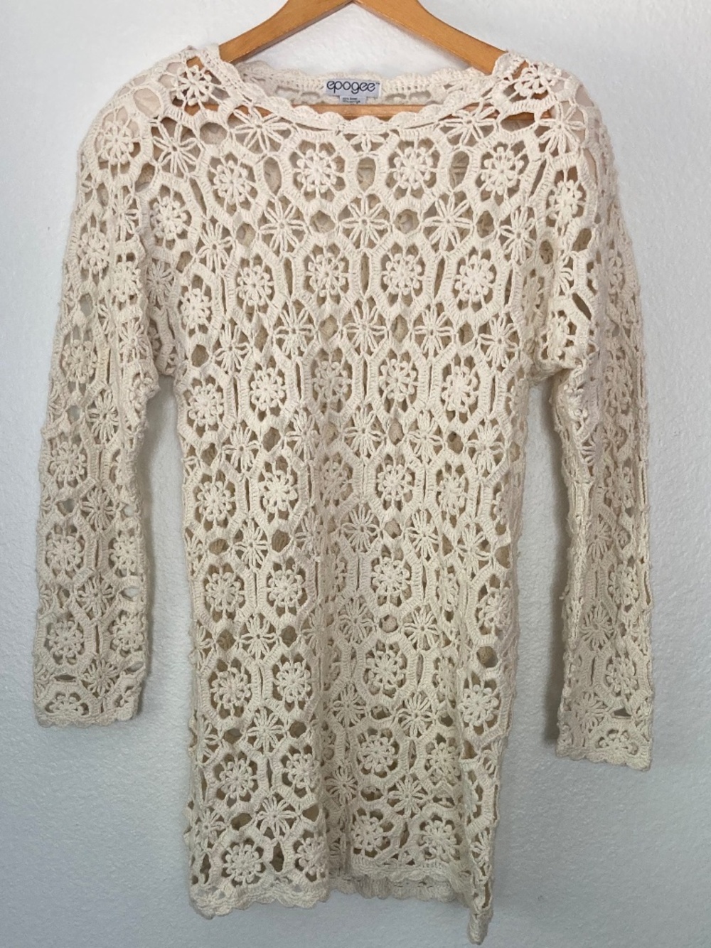 Crochet Open Knit Floral Mini Dress Cream Festival Cover Up Boho Medium